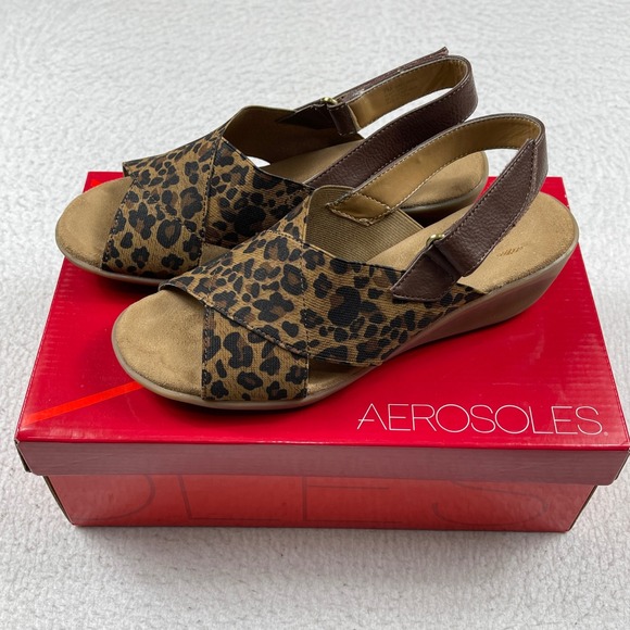 AEROSOLES Shoes - Aerosoles Badlands Wedge Sandals Womens 7M Leopard Print Slingback Comfort Shoes
